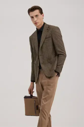 Coffee Slim Fit Single Breasted Houndstooth Blazer - JAKAMEN (1)