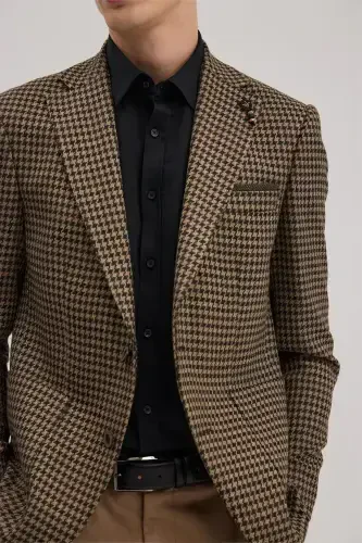 Coffee Slim Fit Single Breasted Houndstooth Blazer - 3
