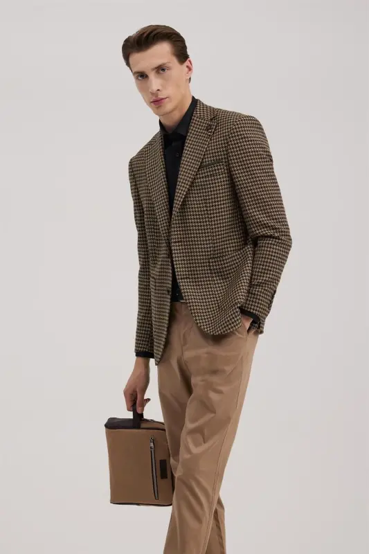 Coffee Slim Fit Single Breasted Houndstooth Blazer - 2