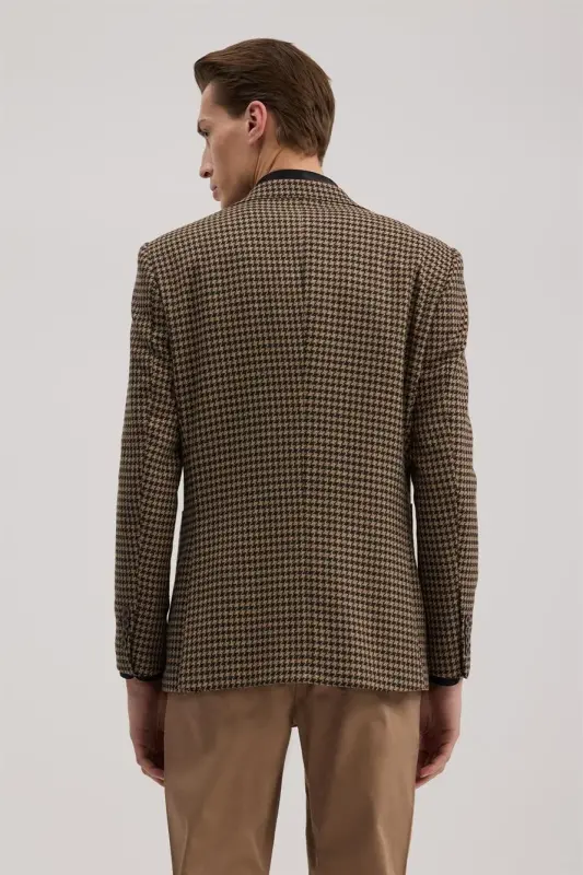 Coffee Slim Fit Single Breasted Houndstooth Blazer - 4