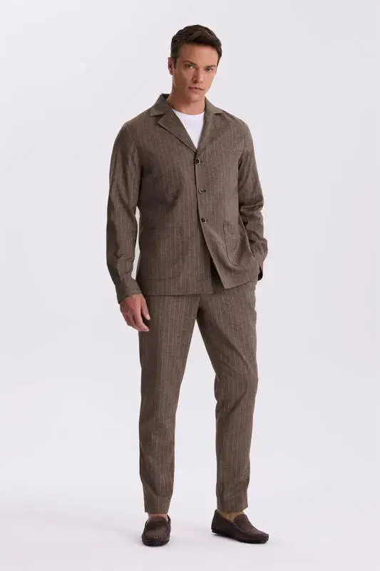 Coffee Slim Fit Stand Collar Linen Blend Double Slit Striped Suit - 1