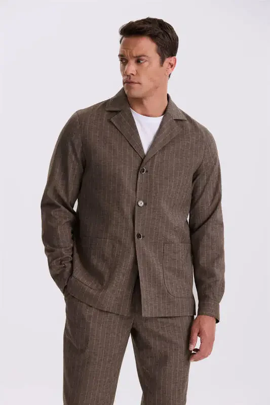 Coffee Slim Fit Stand Collar Linen Blend Double Slit Striped Suit - 2