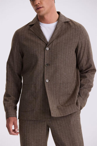 Coffee Slim Fit Stand Collar Linen Blend Double Slit Striped Suit - 3
