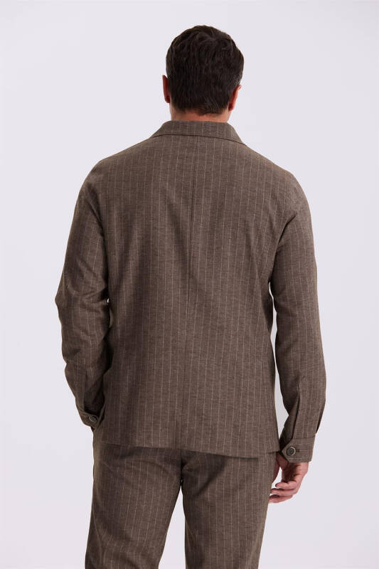 Coffee Slim Fit Stand Collar Linen Blend Double Slit Striped Suit - 4