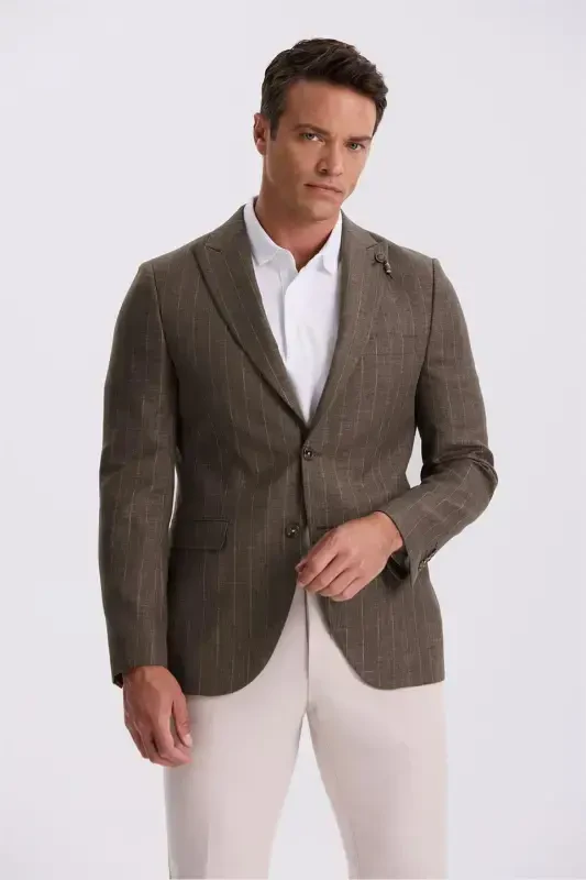 Coffee Slim Fit Swallow Collar Striped Linen Cotton Seasonal Jacket - Modazone
