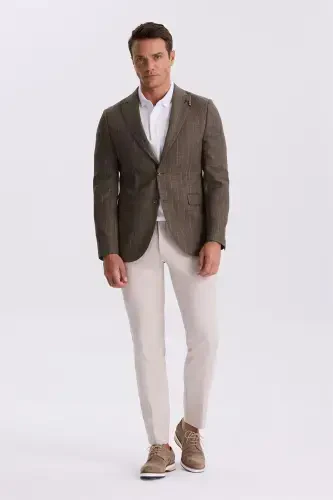 Coffee Slim Fit Swallow Collar Striped Linen Cotton Seasonal Jacket - Modazone (1)