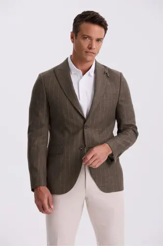 Coffee Slim Fit Swallow Collar Striped Linen Cotton Seasonal Jacket - 1