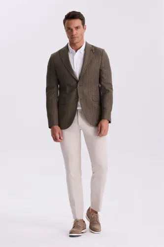 Coffee Slim Fit Swallow Collar Striped Linen Cotton Seasonal Jacket - 2