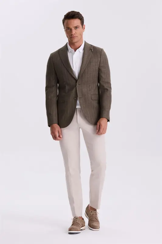 Coffee Slim Fit Swallow Collar Striped Linen Cotton Seasonal Jacket - 2