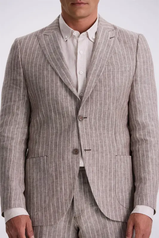 Coffee Slim Fit Swallow Tail Double Vent 100% Linen Casual Suit - 4