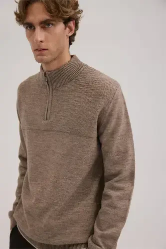 Coffee Slim Fit Zippered Knit Sweater - 3