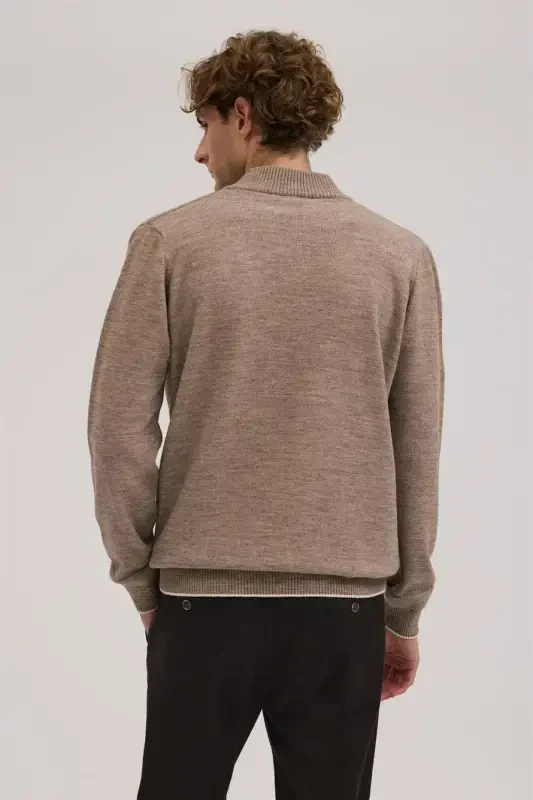 Coffee Slim Fit Zippered Knit Sweater - 4