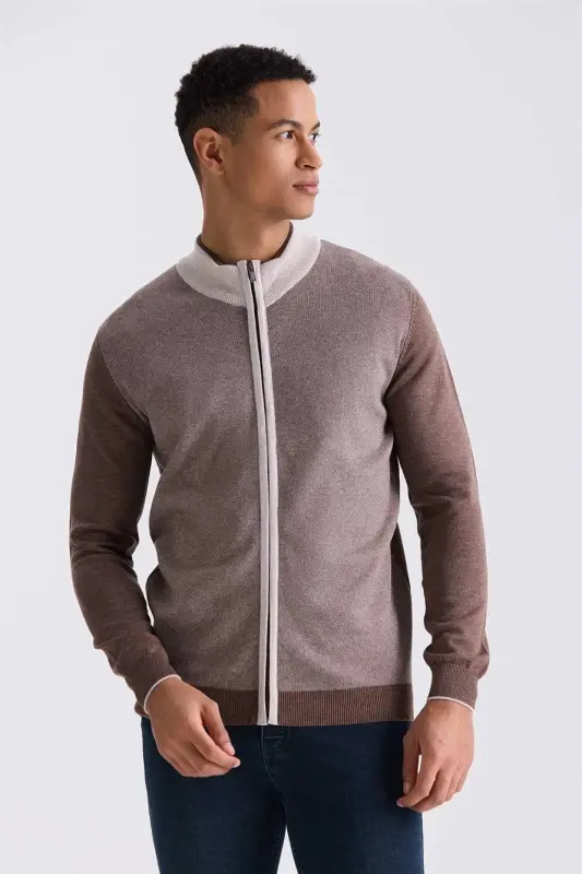Coffee Slim Fit Zippered Knitted Cardigan - 1