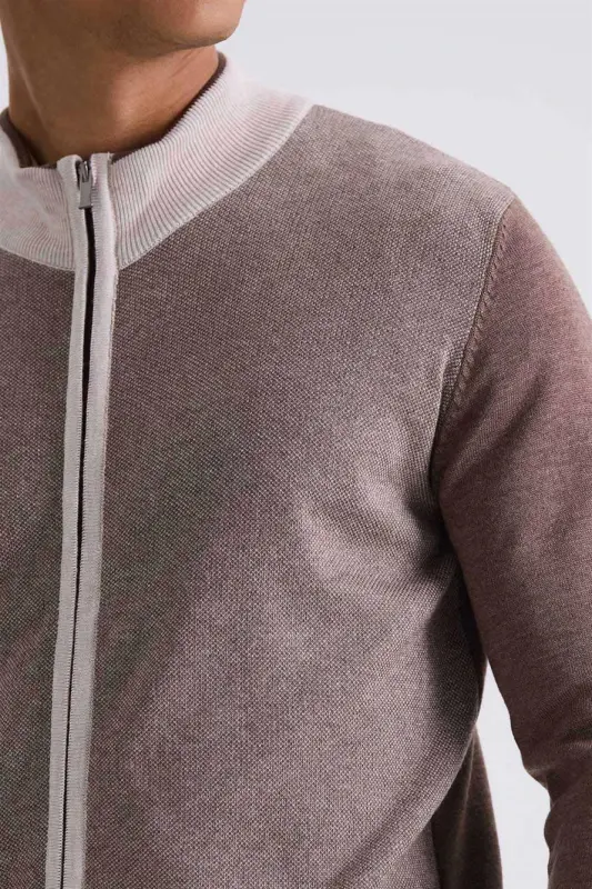 Coffee Slim Fit Zippered Knitted Cardigan - 3