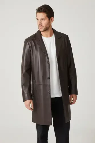Coffee Tarkan Buttoned Lined Trench Coat Men's Genuine Leather Coat-COFFEE - DERIDERIM (1)