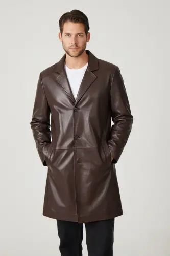 Coffee Tarkan Buttoned Lined Trench Coat Men's Genuine Leather Coat-COFFEE 