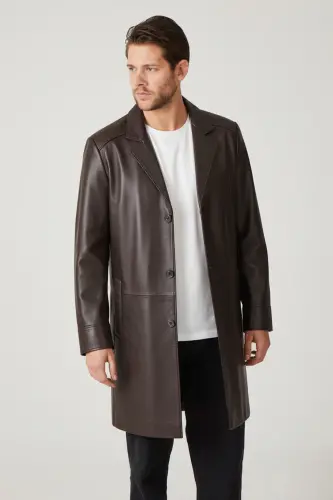 Coffee Tarkan Buttoned Lined Trench Coat Men's Genuine Leather Coat-COFFEE - DERIDERIM (1)