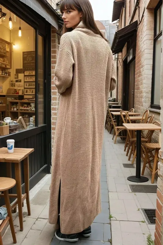 Coffee Turtleneck, Cross Slit Detailed, Oversize And Long Poncho Knit Dress - 3
