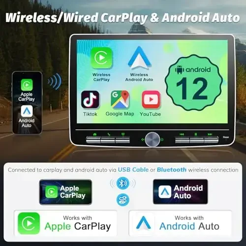 Cogamichi Double Din Avtomagnitola: 10 dyuymli Android Double Din Avtomagnitola, tegin ekranli, Apple Carplay va Android Auto bilan mos keladi, 2Din bosh qurilma avtomobil audio qabul qiluvchisi AM/FM, GPS Navi, SWC, mikrofon bilan. - cogamichi (1)