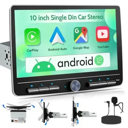 cogamichi Single Din Touchscreen Radio: 10 Inch Android Single Din Car Stereo Head Unit Touch Floating Screen Compatible with Apple Carplay Android Auto, 1 Din Car Radio with AM/FM, GPS Navi, SWC, MIC 