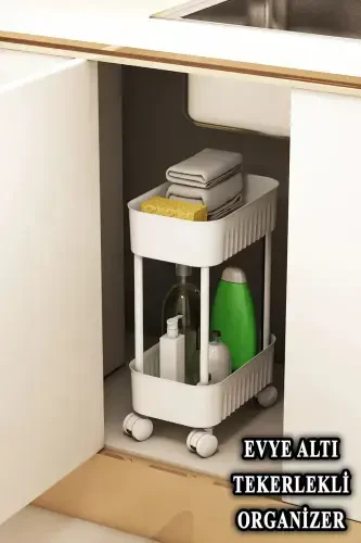 Çok Amaçlı 2 Katlı Banyo Organizer Düzenleyici Dolap Içi Tezgah Altı Tekerlekli Organizer-BEYAZ - 1