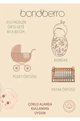 Çok Amaçlı Müslin Örtü & Battaniye 3'lü Set %100 Pamuk Oeko-teks Sertifikalı 80 x 80 Cm ( Hindistan Cevizi ) - Hindistan Cevizi - 3