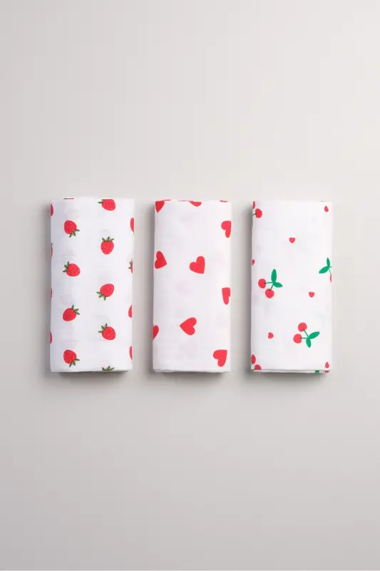 Çok Amaçlı Müslin Örtü & Battaniye 3'lü Set %100 Pamuk Oeko-teks Sertifikalı 80 x 80 Cm - Kiraz / Çilek / Kalp - 1