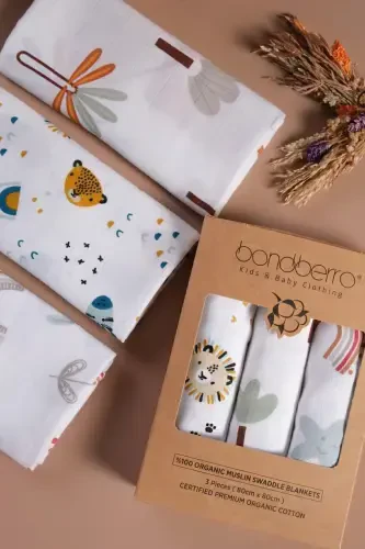 Çok Amaçlı Müslin Örtü & Battaniye 3'lü Set %100 Pamuk Oeko-teks Sertifikalı 80x80 Cm-Renkli - 1