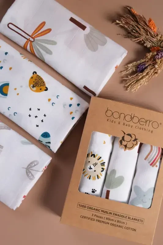 Çok Amaçlı Müslin Örtü & Battaniye 3'lü Set %100 Pamuk Oeko-teks Sertifikalı 80x80 Cm-Renkli - 1