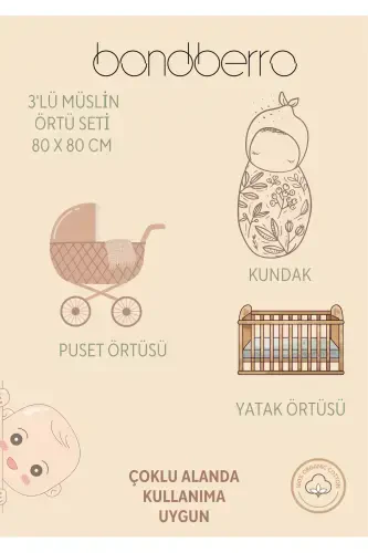 Çok Amaçlı Müslin Örtü & Battaniye 3'lü Set %100 Pamuk Oeko-teks Sertifikalı 80x80 Cm-Renkli - 4