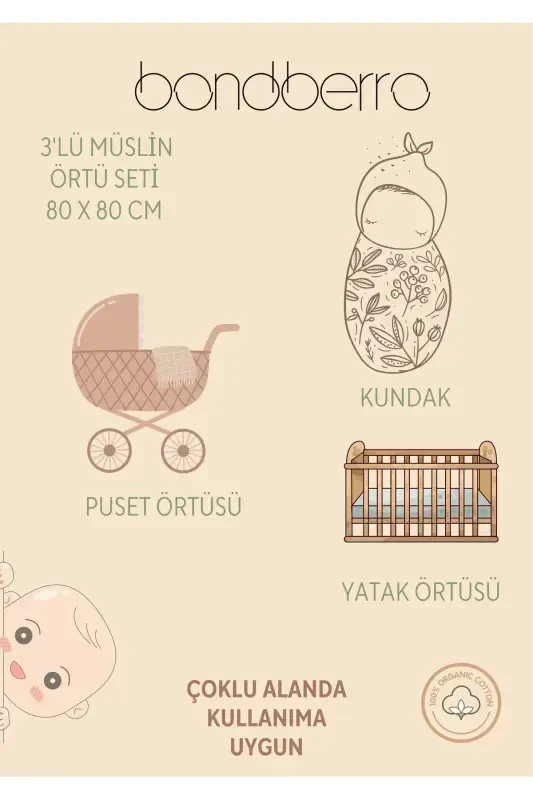 Çok Amaçlı Müslin Örtü & Battaniye 3'lü Set %100 Pamuk Oeko-teks Sertifikalı 80x80 Cm-Renkli - 4