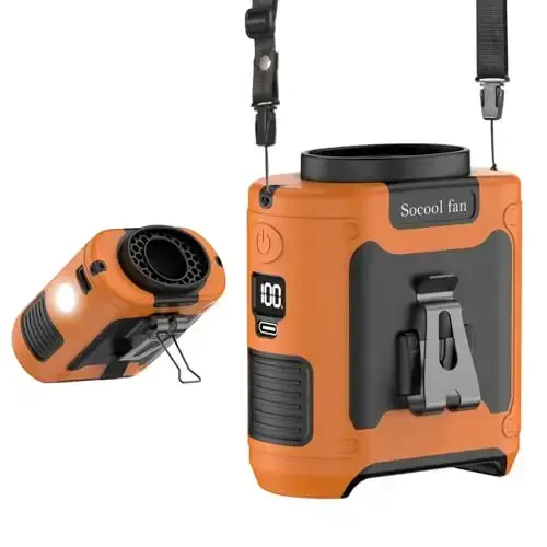 Socool 10000mAh Portable Waist Fan Clip on Wearable Belt Personal Fan Rechargeable Battery operated With 5 Speeds & Flashlight Neck Hands-Free 40H Cooling For Outdoor Camping Travel (Orange) 