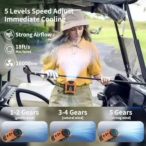 Socool 10000mAh Portable Waist Fan Clip on Wearable Belt Personal Fan Rechargeable Battery operated With 5 Speeds & Flashlight Neck Hands-Free 40H Cooling For Outdoor Camping Travel (Orange) - 2