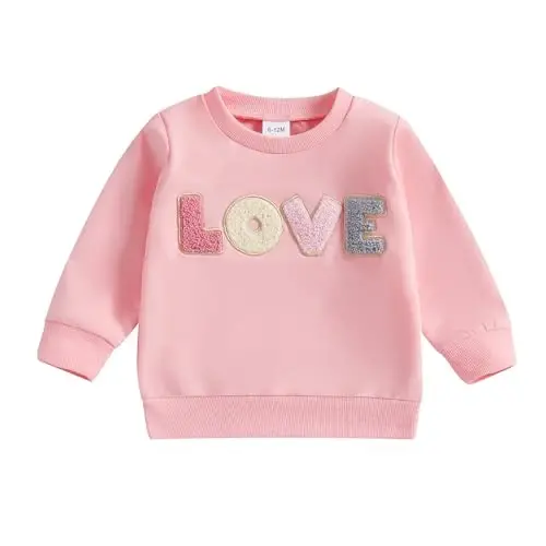 Socutebabe Toddler Valentines Outfits Baby Girl Clothes Love Embroidery Long Sleeve Crewneck Sweatshirts Pullovers 