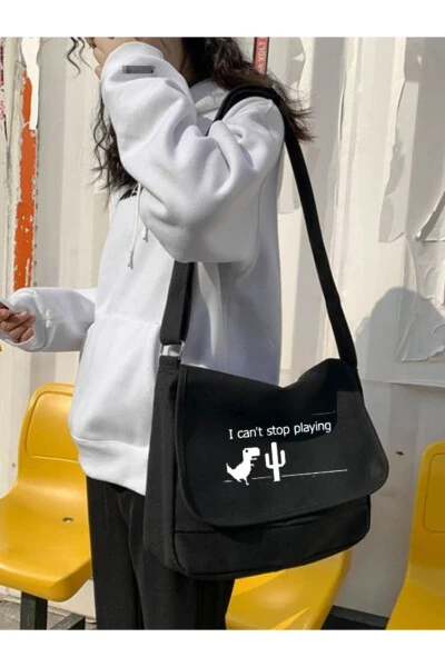 Very Kind Dinosaur Game Baskılı Unisex Siyah Postacı Çantası-Siyah - Modazone (1)