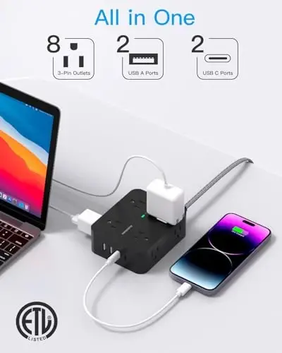 Power Strip Surge Protector 10 Ft Cord, HANYCONY Extension Cord Flat Plug with 8 Outlets 4 USB Ports(2 USB C), Wall Mount, Desk Charging Sation for Home Offcie - 2