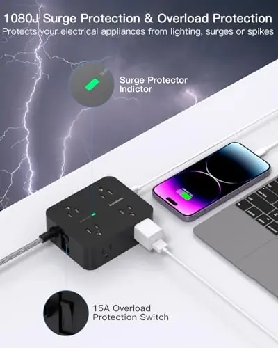 Power Strip Surge Protector 10 Ft Cord, HANYCONY Extension Cord Flat Plug with 8 Outlets 4 USB Ports(2 USB C), Wall Mount, Desk Charging Sation for Home Offcie - 3