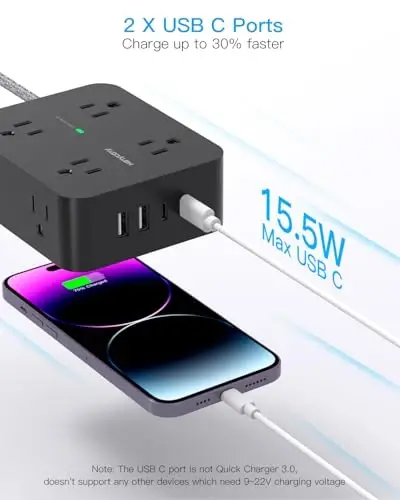 Power Strip Surge Protector 10 Ft Cord, HANYCONY Extension Cord Flat Plug with 8 Outlets 4 USB Ports(2 USB C), Wall Mount, Desk Charging Sation for Home Offcie - 5