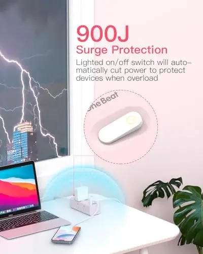10Ft Extension Cord with Multiple Outlets, Flat Plug Power Strip Surge Protector with 10 Ft Long Cord, 6 Outlet 3 USB Ports (1 USB C), Multi Outlet Wall Plug for Travel, Dorm Room Essentials-Pink - 2