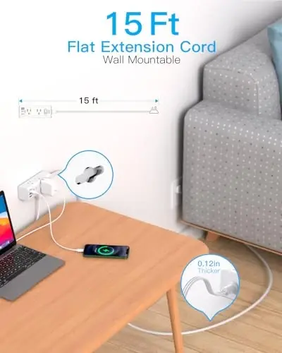 Çoklu Çıkışlı 15Ft Uzatma Kablosu, Düz Fişli Akım Korumalı Güç Şeridi, 15 Ft Uzun Kablolu, 6 Çıkışlı 3 USB Portlu (1 USB C), Seyahat, Üniversite, Yurt Odası Temel İhtiyaçları için Çoklu Çıkışlı Duvar Fişi - ONE BEAT (1)