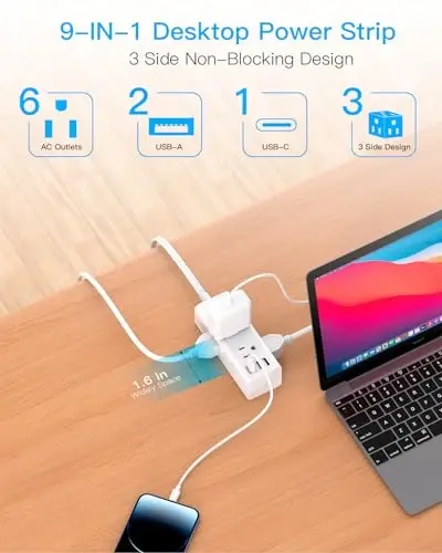 Çoklu Çıkışlı 15Ft Uzatma Kablosu, Düz Fişli Akım Korumalı Güç Şeridi, 15 Ft Uzun Kablolu, 6 Çıkışlı 3 USB Portlu (1 USB C), Seyahat, Üniversite, Yurt Odası Temel İhtiyaçları için Çoklu Çıkışlı Duvar Fişi - 3
