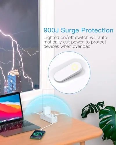 Çoklu Çıkışlı 15Ft Uzatma Kablosu, Düz Fişli Akım Korumalı Güç Şeridi, 15 Ft Uzun Kablolu, 6 Çıkışlı 3 USB Portlu (1 USB C), Seyahat, Üniversite, Yurt Odası Temel İhtiyaçları için Çoklu Çıkışlı Duvar Fişi - 5