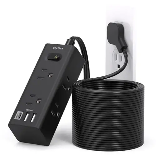 Çoklu Çıkışlı 25Ft Uzatma Kablosu, Düz Fişli Akım Korumalı Güç Şeridi, 25 Ft Uzun Kablolu, 6 Çıkışlı 3 USB Bağlantı Noktalı (1 USB C), Seyahat, Üniversite, Yurt Temel Eşyaları için Çoklu Çıkışlı Duvar Fişi-Siyah 