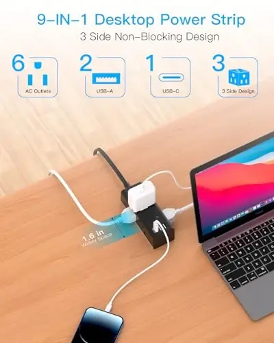 Çoklu Çıkışlı 25Ft Uzatma Kablosu, Düz Fişli Akım Korumalı Güç Şeridi, 25 Ft Uzun Kablolu, 6 Çıkışlı 3 USB Bağlantı Noktalı (1 USB C), Seyahat, Üniversite, Yurt Temel Eşyaları için Çoklu Çıkışlı Duvar Fişi-Siyah - 3