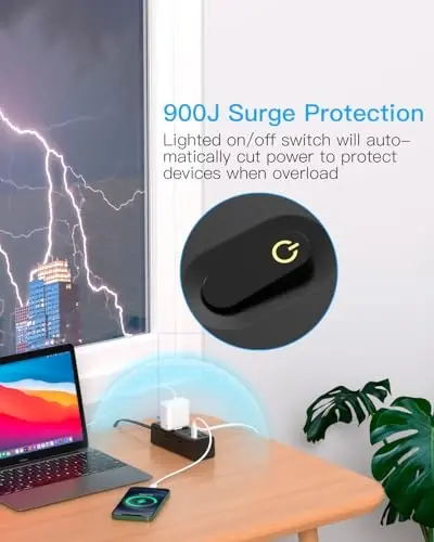Çoklu Çıkışlı 25Ft Uzatma Kablosu, Düz Fişli Akım Korumalı Güç Şeridi, 25 Ft Uzun Kablolu, 6 Çıkışlı 3 USB Bağlantı Noktalı (1 USB C), Seyahat, Üniversite, Yurt Temel Eşyaları için Çoklu Çıkışlı Duvar Fişi-Siyah - 5