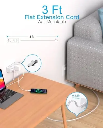 3Ft Extension Cord with Multiple Outlets, Flat Plug Power Strip Surge Protector with 1 Ft Cord, 6 Outlet 3 USB Ports (1 USB C), Multi Outlet Wall Plug for Travel, College, Dorm Room Essentials - 2