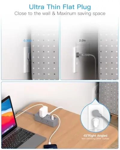 5Ft Extension Cord with Multiple Outlets, Flat Plug Power Strip Surge Protector with 5 Ft Long Cord, 6 Outlet 3 USB Ports (1 USB C), Multi Outlet Wall Plug for Travel, Dorm Room Essentials-Grey - 5