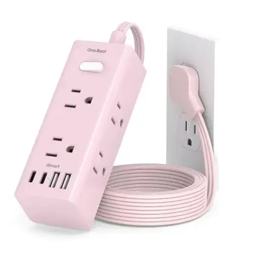 5Ft Extension Cord with Multiple Outlets, Flat Plug Power Strip Surge Protector with 5 Ft Long Cord, 6 Outlet 3 USB Ports (1 USB C), Multi Outlet Wall Plug for Travel, Dorm Room Essentials-Pink - 1