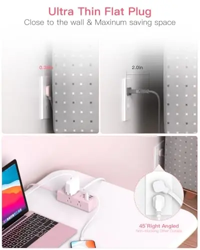5Ft Extension Cord with Multiple Outlets, Flat Plug Power Strip Surge Protector with 5 Ft Long Cord, 6 Outlet 3 USB Ports (1 USB C), Multi Outlet Wall Plug for Travel, Dorm Room Essentials-Pink - 4