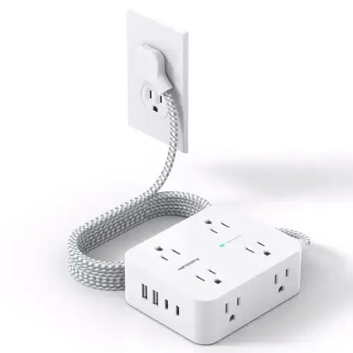 Flat Plug Extension Cord with Multiple Outlets, HANYCONY 1080J Surge Protector Power Strip with 8 AC Outlets 4 USB Ports (2 USB-C), 3-Sided Outlet Extender Ideal for Home Office Dorm Room Essentials 